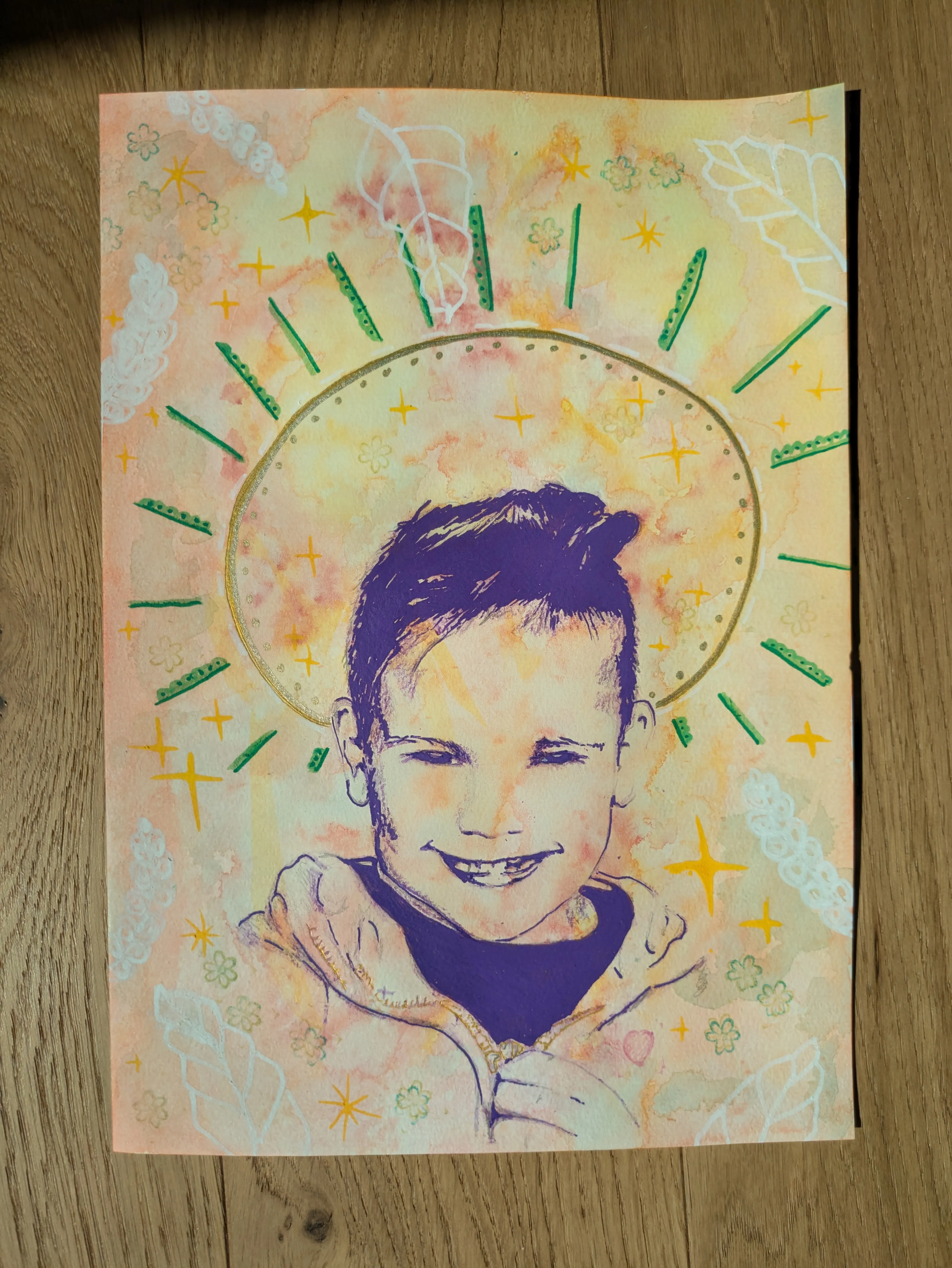 Portrait artistique coloré réalisé en atelier